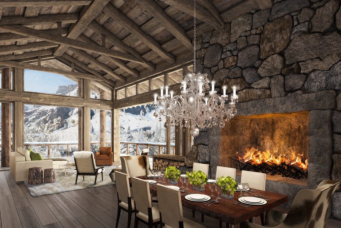 rustic luxury interior design dining room with mountain view by Marc-Michaels