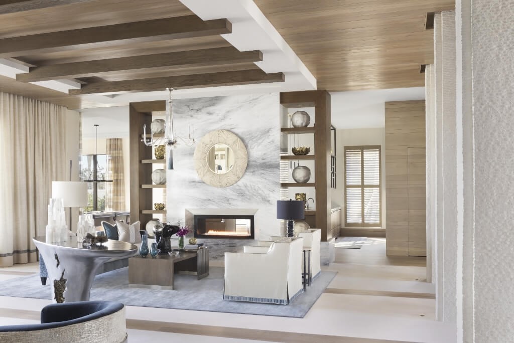 luxury white living room with wood accents