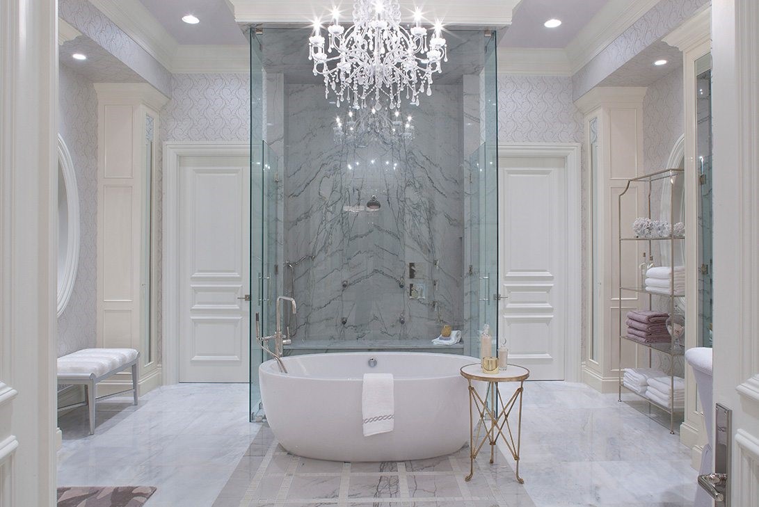 luxury bathroom with smart lighting chandelier