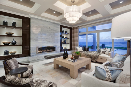 European-inspired contemporary design living room with a fireplace.