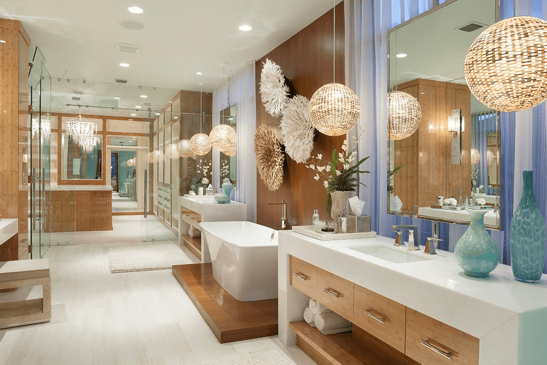 A Modern bathroom with luxurious wall mirror accessories.