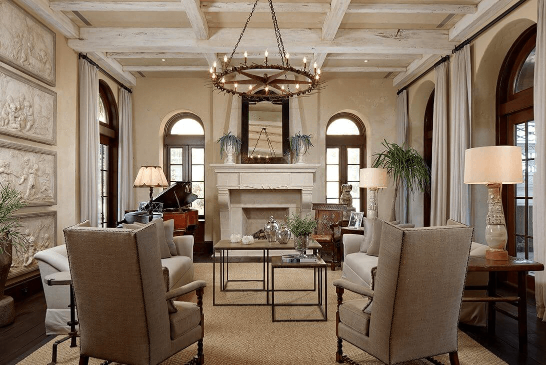 A Traditional Tuscan design sitting room with natural interior design accessories.