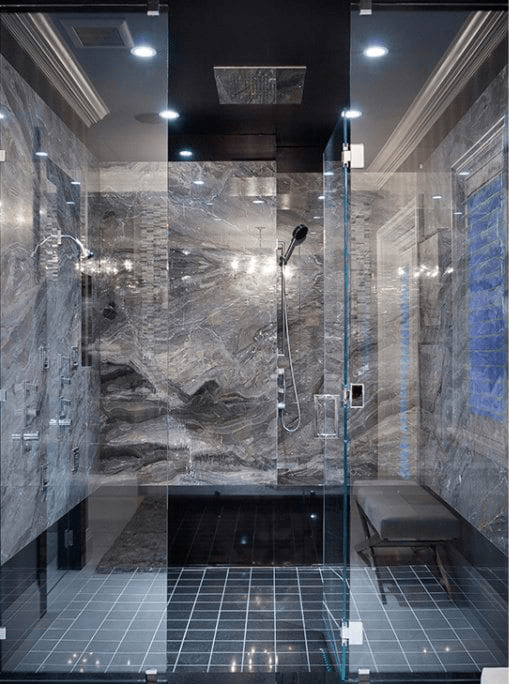 European-inspired estate luxury bathroom with multiple shower heads.