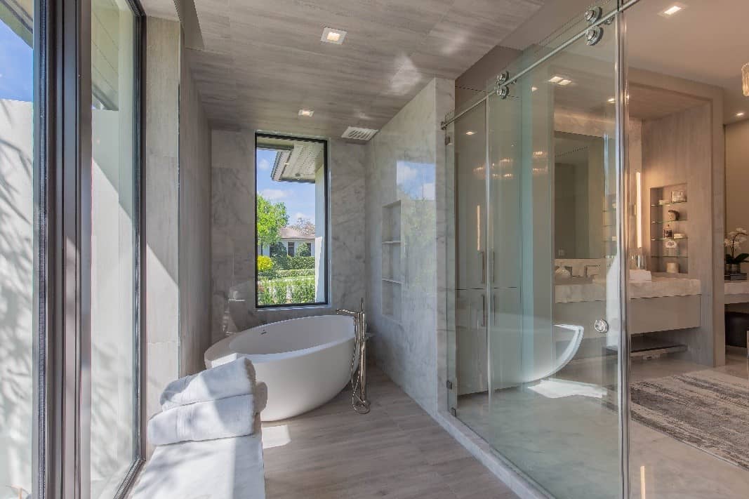 Luxury bathroom with marble tiles.