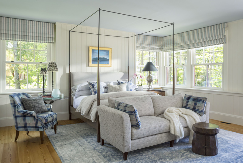 Luxury bedroom in New England Lake House designed by Marc-Michaels Interior Design