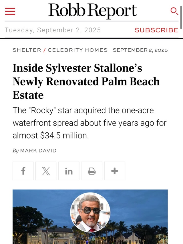 “After settling in and getting to know the ins and outs of the place, Stallone and his wife, Jennifer Flavin, who plunked down nearly $35.5 million for the slightly more than one-acre spread, have recently completed a 10-month overhaul with @rwbdesignbuildlive RWB Construction Management handling the building and South Florida’s @marcmichaelsid  Marc-Michaels Interior Design teaming up with English designer Martyn Lawrence Bullard on the interiors.“ @robbreport #featured #robbreport #sylvesterstallone #luxuryhomes #interiordesign #southflorida