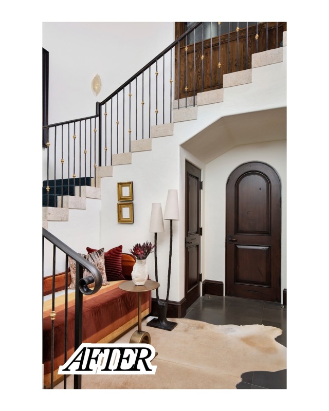 This Delray Beach residence sheds its rustic past for a moody, modern mix of opulent textures, gleaming materials, and jewel-toned sophistication. #beforeandafter #modernluxury #staircase #interiordesign #renovation #delraybeach